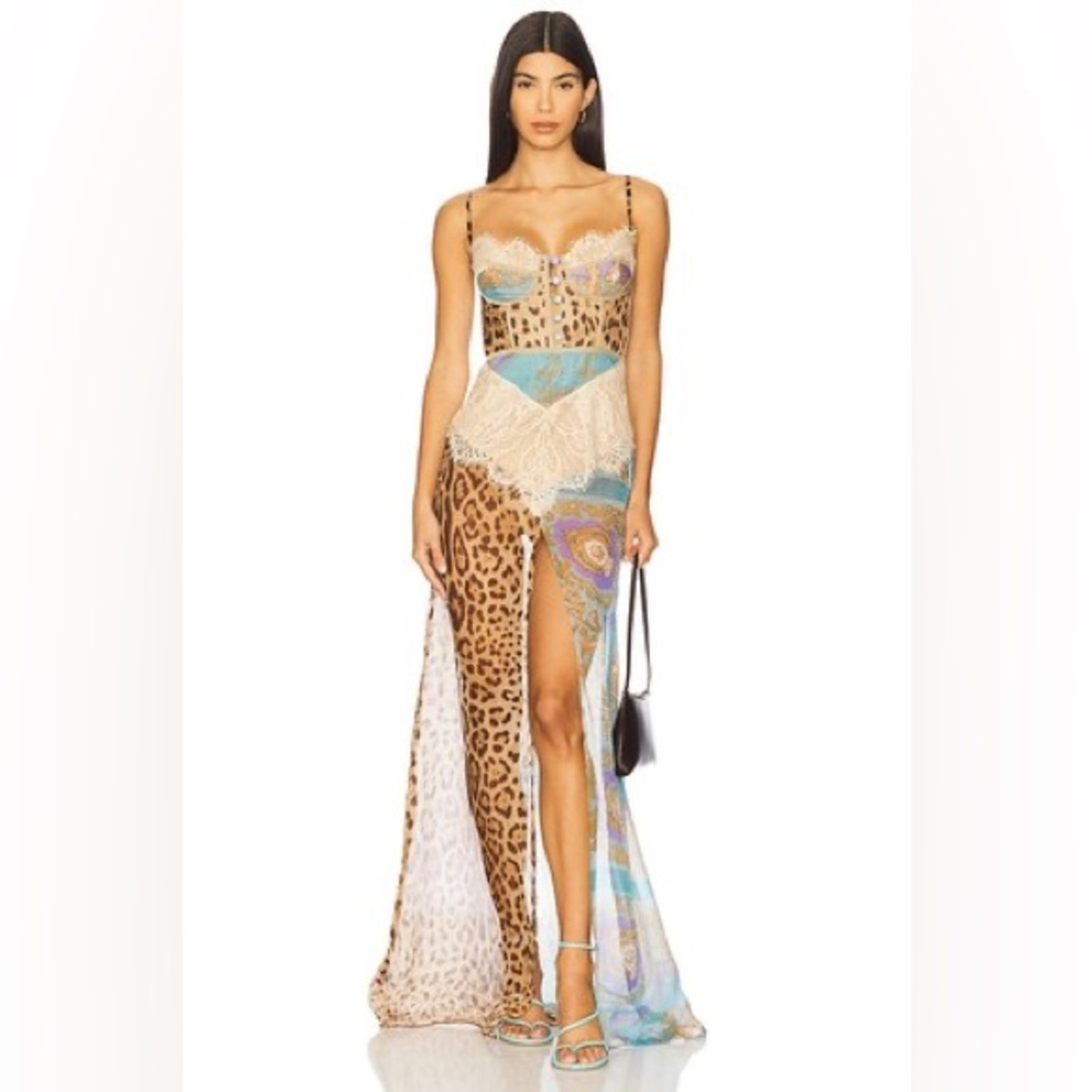 NWT Chiffon Splicing Lace Split Leopard Print Max… - image 1